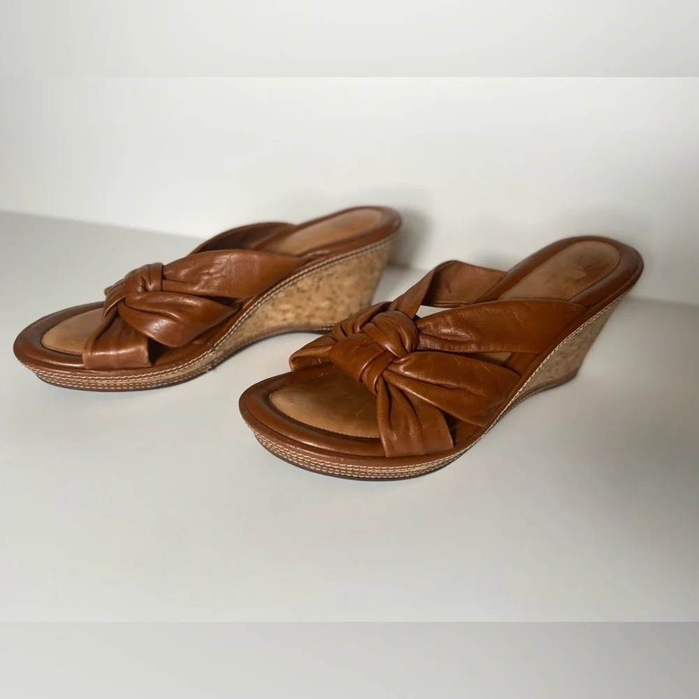Nurture~Cognac~Leather~Knotted/Trim Design~Cork Wedge~Platform Sandal~Size 7.5